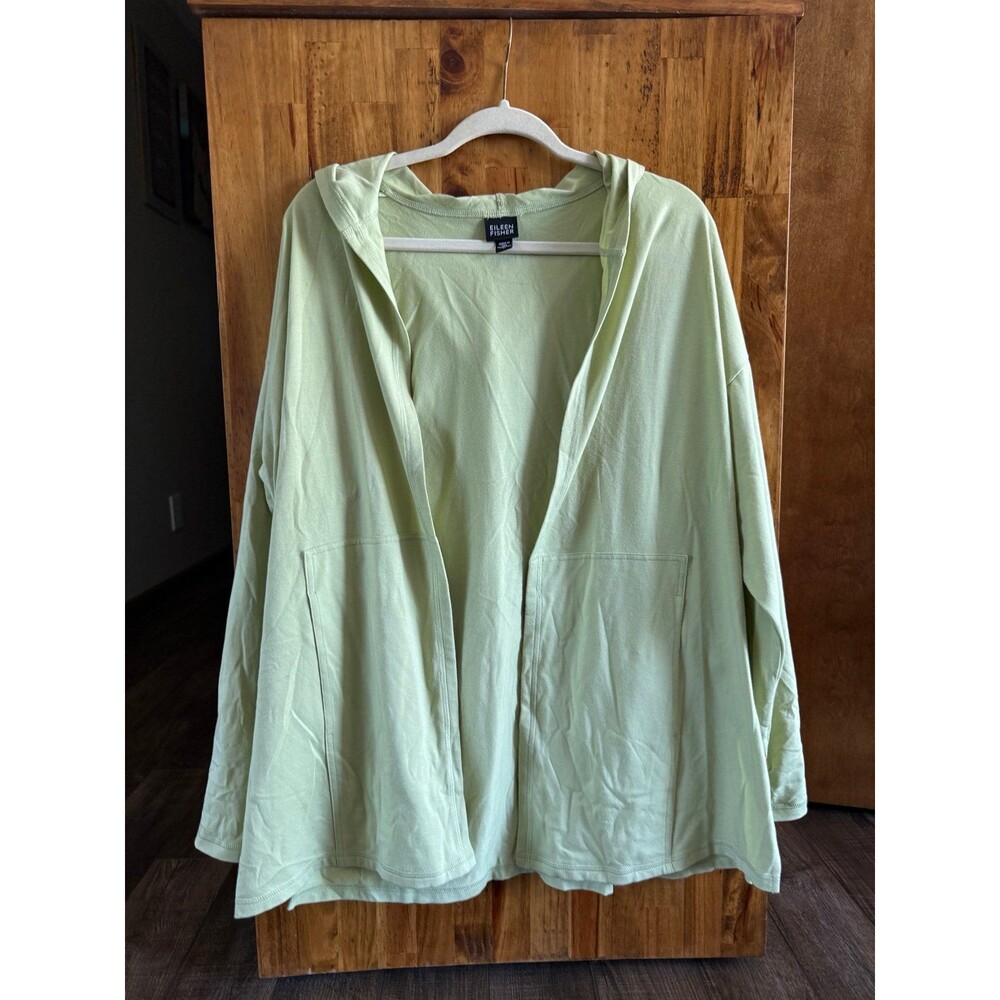 Eileen Fisher Open Front Hooded Knit Cardigan Sz. Large Lime Green